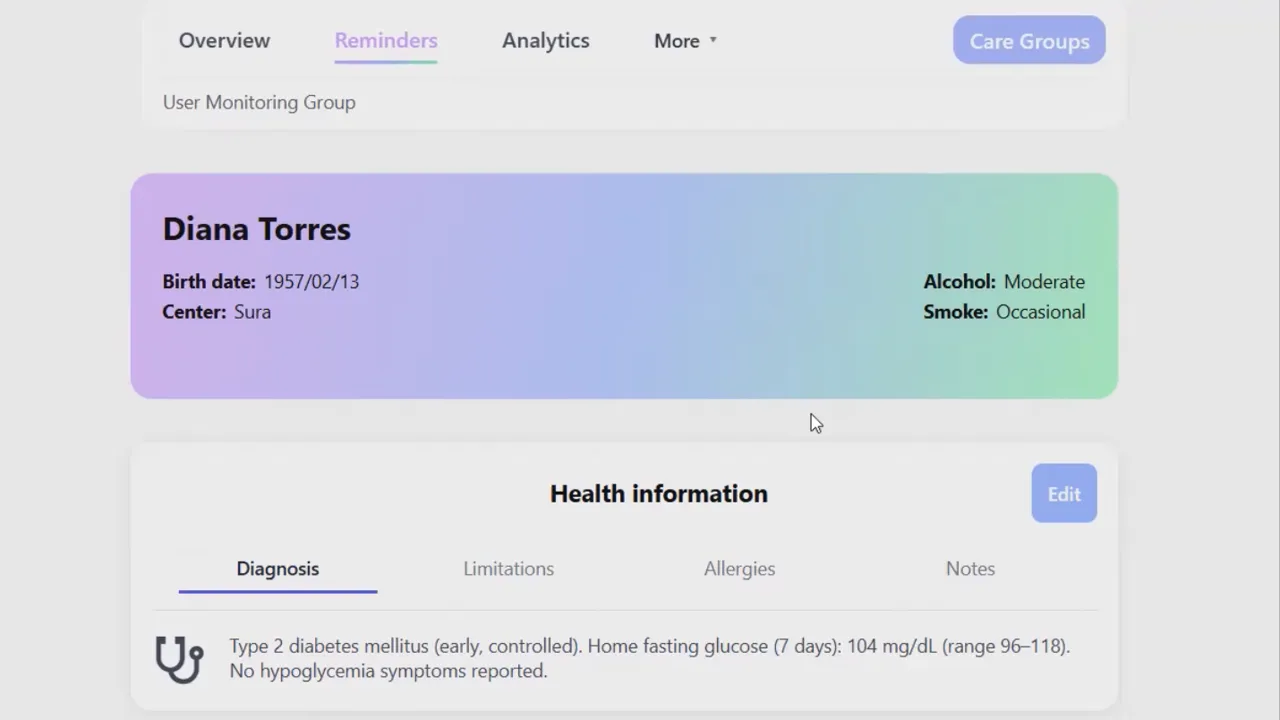 ElaCare app screenshot (demo)